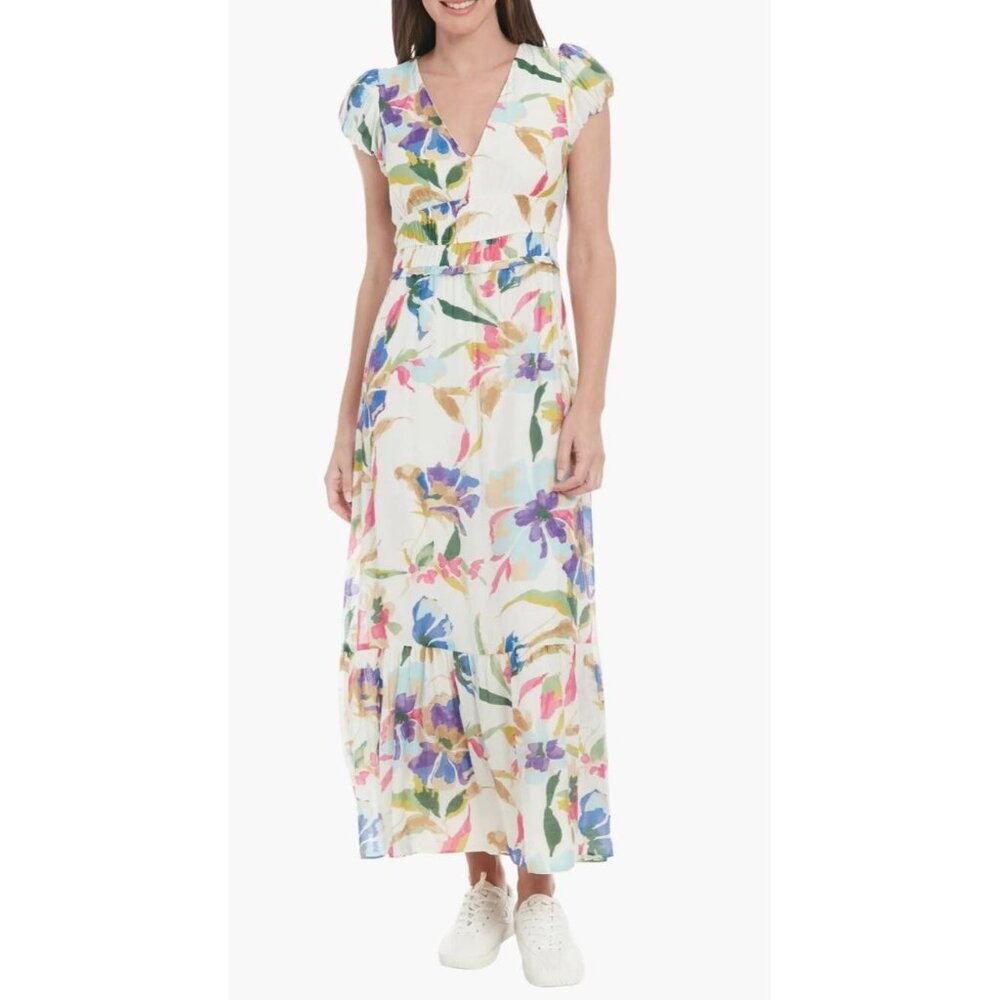 NWT London Times White Maxi Dress w/Pops of Fun Colors Size 12